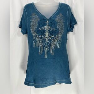 Energe World Wear Blue Short Sleeve Top with Silver Embellishments